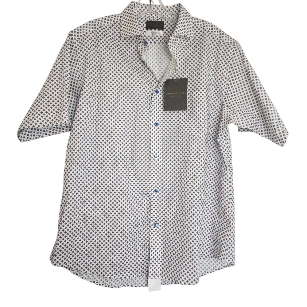 Thomas Dean Men's Button Down Shirt Short‎ Sleeve Red White Blue Size Large NEW